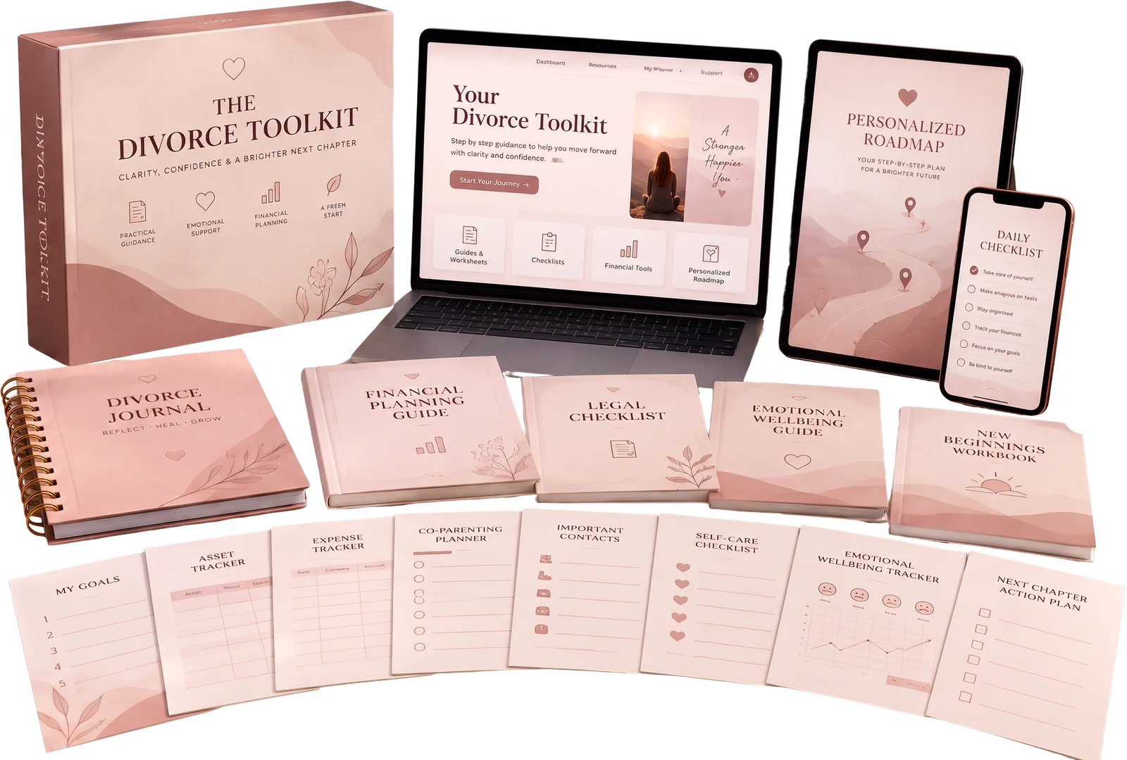 The Divorce Preparation Toolkit: workbook, worksheets, personalized roadmap, and access on laptop, tablet and phone
